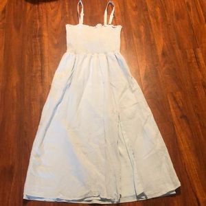 WAYF blue striped backless midi dress